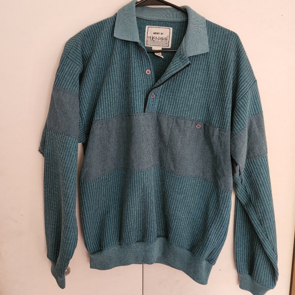 Vintage Huk A Poo Blue Long Sleeve Shirt Mens M Collared Henley Pullover